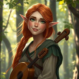 A beautiful young elf named Estel, tall and graceful, with fiery hair and sun-kissed skin from her travels