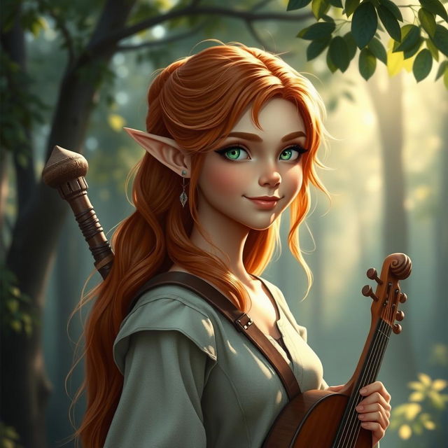 A beautiful young elf named Estel, tall and graceful, with fiery hair and sun-kissed skin from her travels