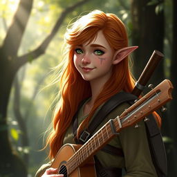 A beautiful young elf named Estel, tall and graceful, with fiery hair and sun-kissed skin from her travels