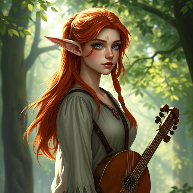 A beautiful young elf named Estel, tall and graceful, with fiery red hair and a sun-kissed complexion