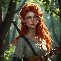 A beautiful young elf named Estel, tall and graceful, with fiery red hair and a sun-kissed complexion