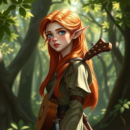 A beautiful young elf named Estel, tall and graceful, with fiery red hair and a sun-kissed complexion