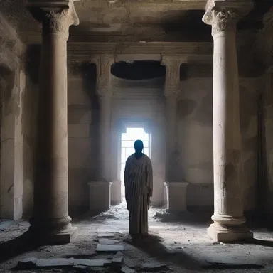 In the eerie abandoned temple, Sarah felt a chilling presence, as if the spirits of the Greco-Roman gods were watching her every move.