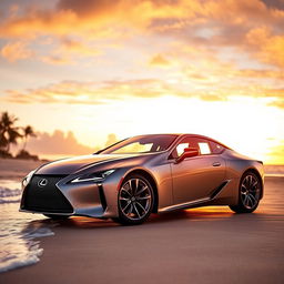 A stunning Lexus LC500h parked on a beautiful beach at sunset, showcasing its sleek design and elegant lines