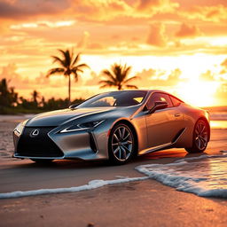 A stunning Lexus LC500h parked on a beautiful beach at sunset, showcasing its sleek design and elegant lines