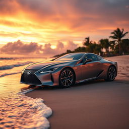 A stunning Lexus LC500h parked on a beautiful beach at sunset, showcasing its sleek design and elegant lines