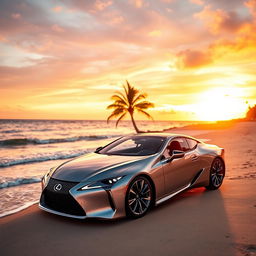 A stunning Lexus LC500h parked on a beautiful beach at sunset, showcasing its sleek design and elegant lines