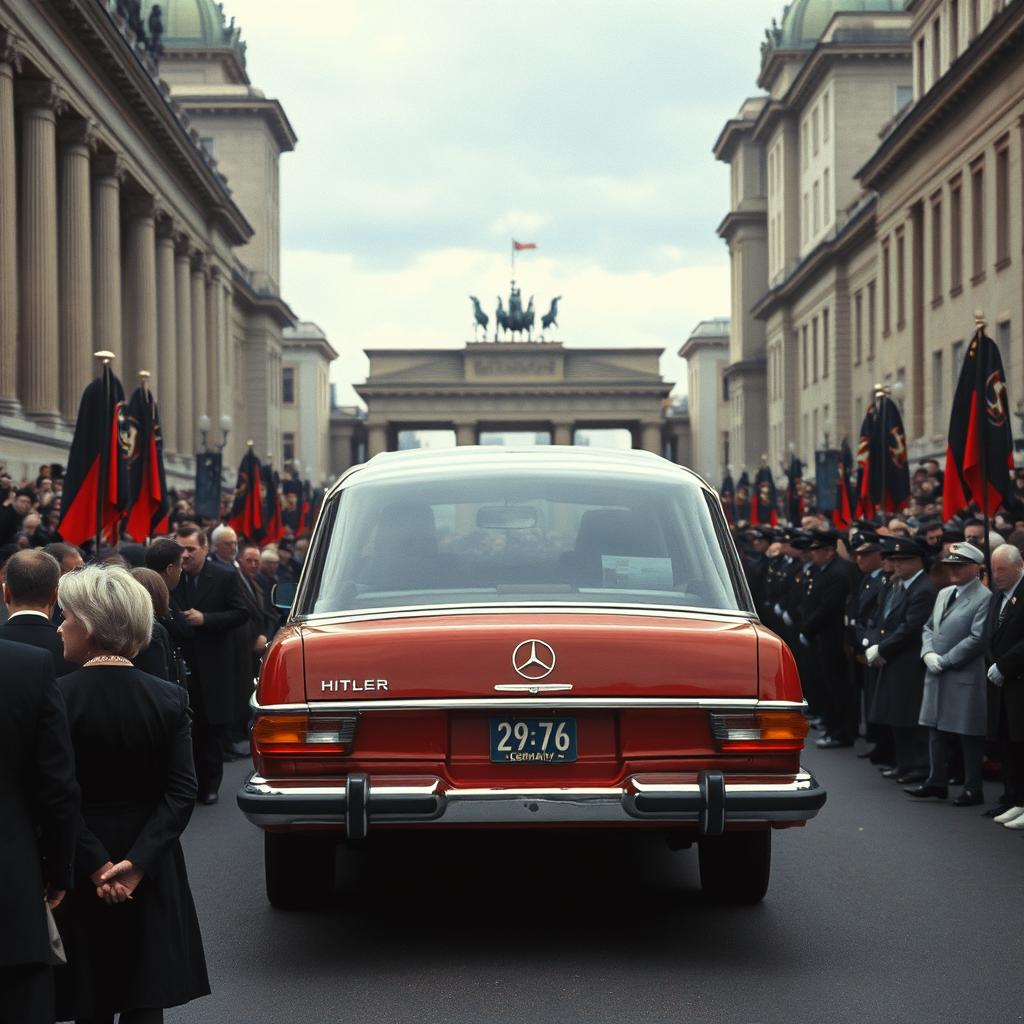 A grand and solemn scene set in Berlin in 1978, depicting an alternate history where Germany has won World War II