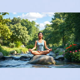 A serene and peaceful scene of meditation, featuring a tranquil outdoor setting with lush greenery and soft, dappled sunlight filtering through the leaves