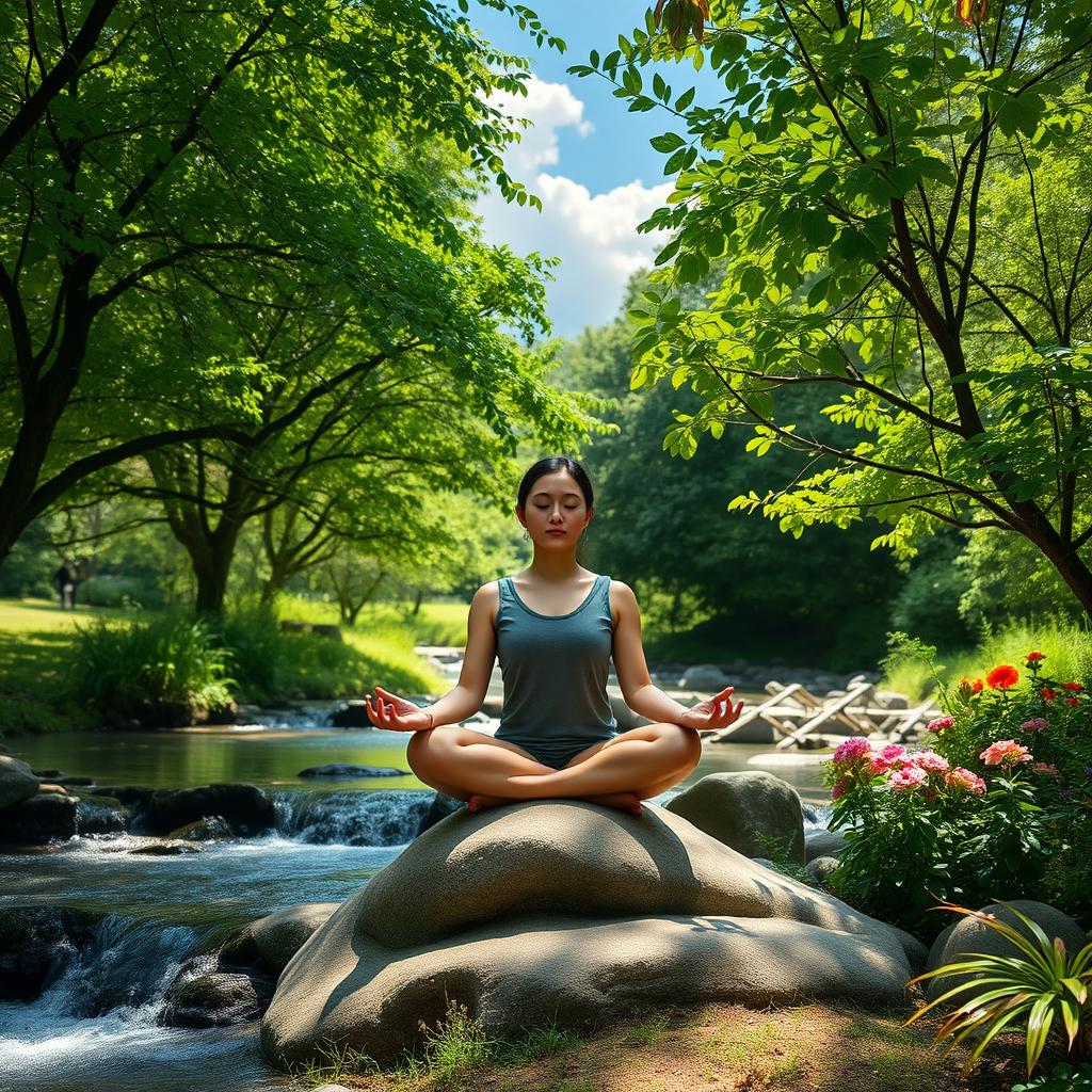 A serene and peaceful scene of meditation, featuring a tranquil outdoor setting with lush greenery and soft, dappled sunlight filtering through the leaves