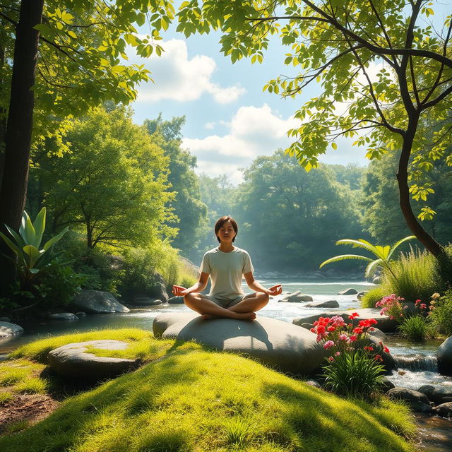 A serene and peaceful scene of meditation, featuring a tranquil outdoor setting with lush greenery and soft, dappled sunlight filtering through the leaves