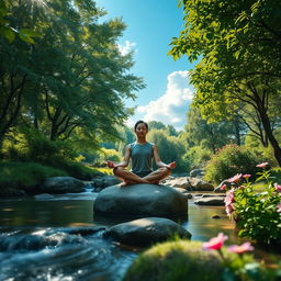A serene and peaceful scene of meditation, featuring a tranquil outdoor setting with lush greenery and soft, dappled sunlight filtering through the leaves