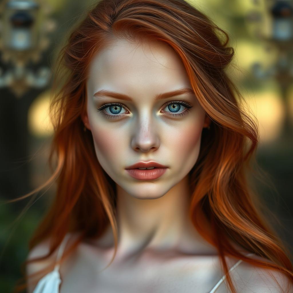 A stunningly beautiful young woman with pale skin and soft, flowing red hair that catches the light beautifully