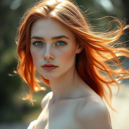 A stunningly beautiful young woman with pale skin and soft, flowing red hair that catches the light beautifully