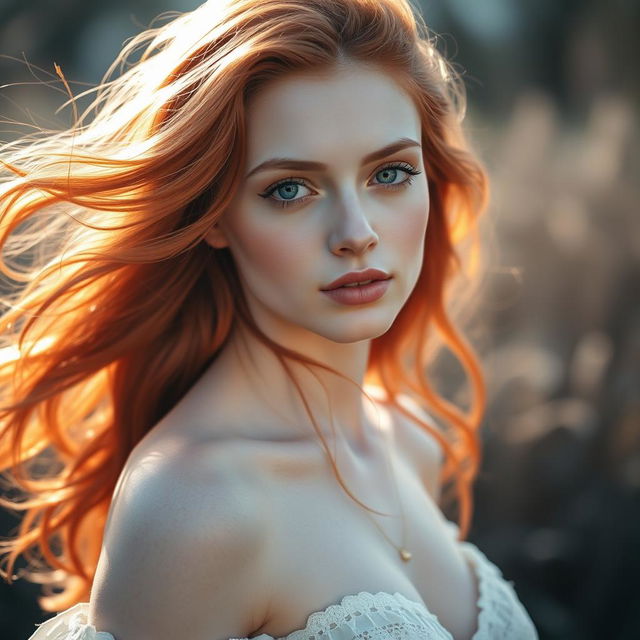 A stunningly beautiful young woman with pale skin and soft, flowing red hair that catches the light beautifully