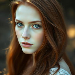 A stunningly beautiful young woman with pale skin and soft, flowing red hair that catches the light beautifully