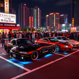 A vibrant scene featuring Japanese cars inspired by the Fast and Furious movies parked in a bustling Asian parking lot at night