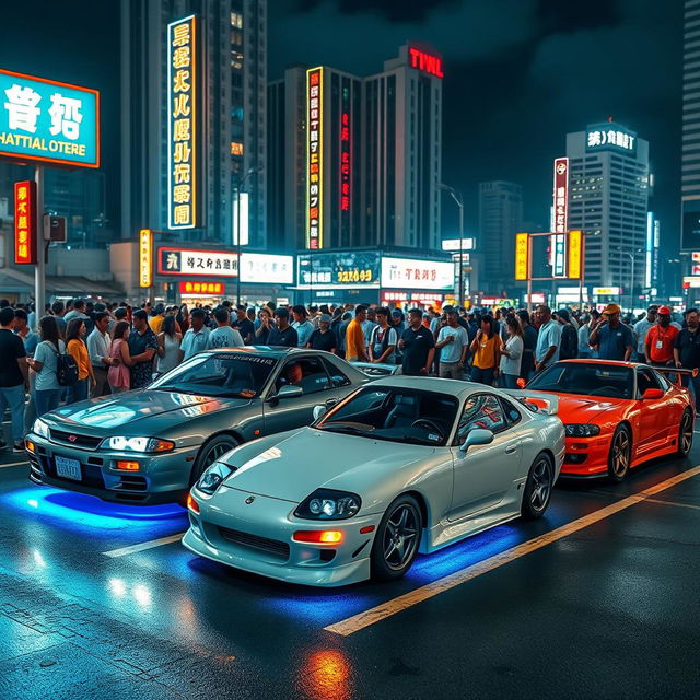 A vibrant scene featuring Japanese cars inspired by the Fast and Furious movies parked in a bustling Asian parking lot at night