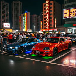 A vibrant scene featuring Japanese cars inspired by the Fast and Furious movies parked in a bustling Asian parking lot at night