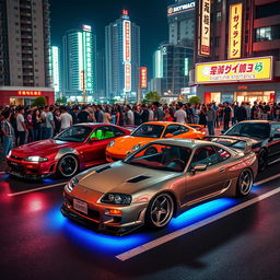 A vibrant scene featuring Japanese cars inspired by the Fast and Furious movies parked in a bustling Asian parking lot at night