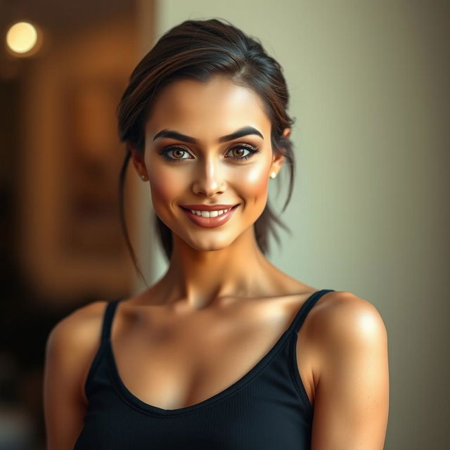 A portrait of a stunning woman with sharp facial features and expressive eyes, showcasing her glowing skin and captivating smile