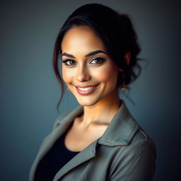A portrait of a stunning woman with sharp facial features and expressive eyes, showcasing her glowing skin and captivating smile