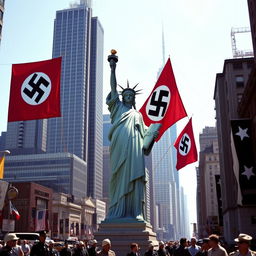 A striking and controversial scene depicting the Statue of Liberty in a military form inspired by the Nazi army, set in New York City in 1976