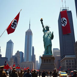A striking and controversial scene depicting the Statue of Liberty in a military form inspired by the Nazi army, set in New York City in 1976