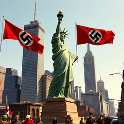 A striking and controversial scene depicting the Statue of Liberty in a military form inspired by the Nazi army, set in New York City in 1976