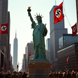 A striking and controversial scene depicting the Statue of Liberty in a military form inspired by the Nazi army, set in New York City in 1976