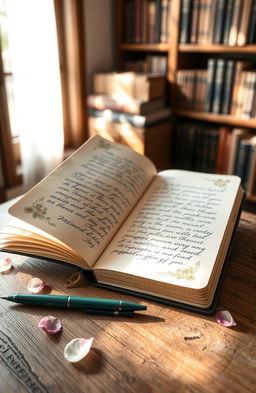 A beautiful, open diary lying on a rustic wooden table