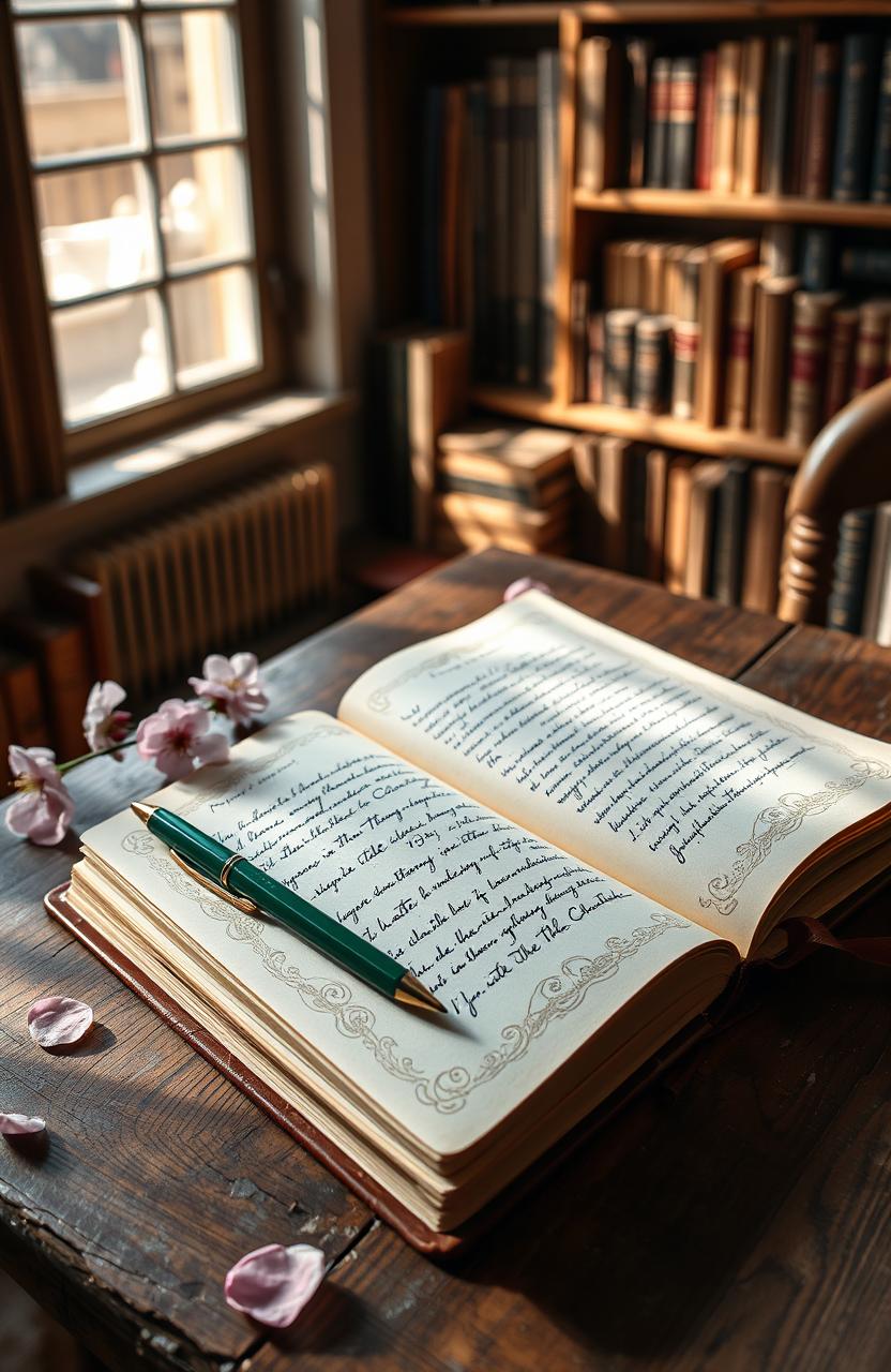 A beautiful, open diary lying on a rustic wooden table