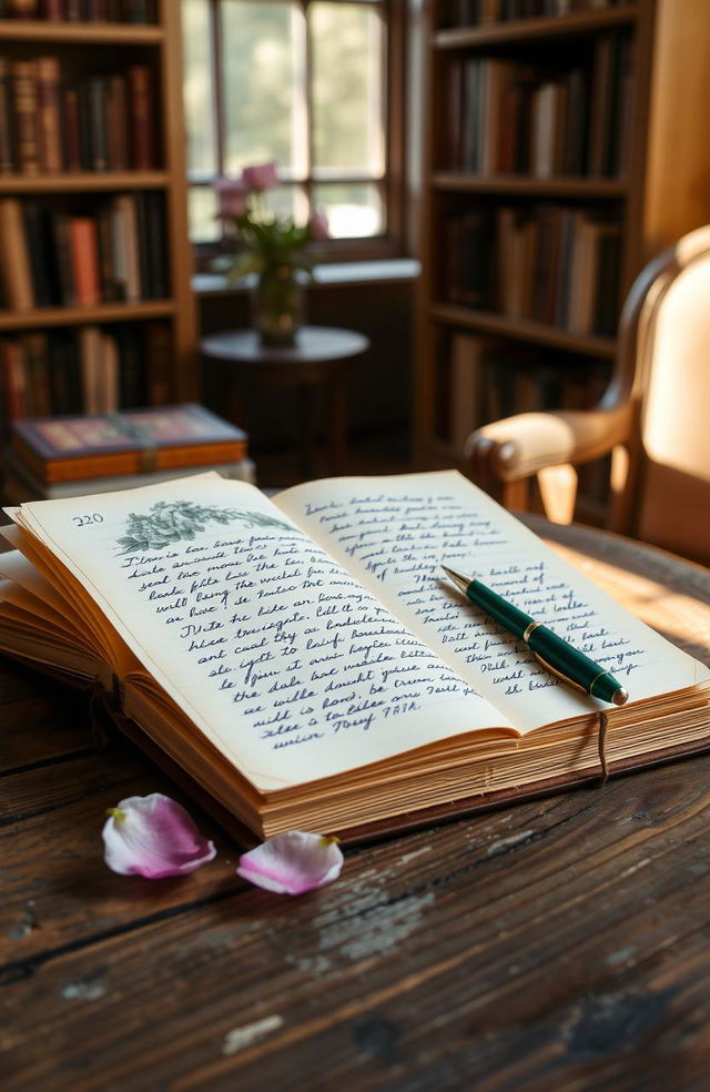 A beautiful, open diary lying on a rustic wooden table