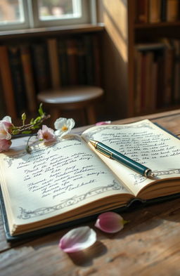 A beautiful, open diary lying on a rustic wooden table