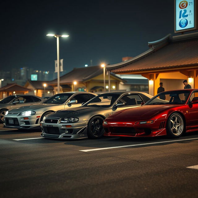 A highly realistic scene depicting Japanese cars inspired by the Fast and Furious movies parked in an authentic Asian parking lot at night