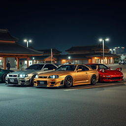 A highly realistic scene depicting Japanese cars inspired by the Fast and Furious movies parked in an authentic Asian parking lot at night