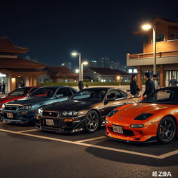 A highly realistic scene depicting Japanese cars inspired by the Fast and Furious movies parked in an authentic Asian parking lot at night