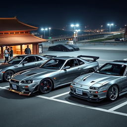 A highly realistic scene depicting Japanese cars inspired by the Fast and Furious movies parked in an authentic Asian parking lot at night