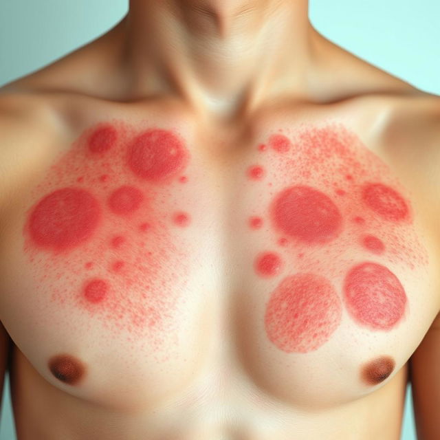 A close-up image of a human chest showing vivid red rashes spreading over the skin