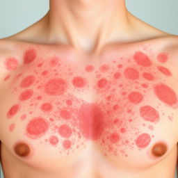 A close-up image of a human chest showing vivid red rashes spreading over the skin