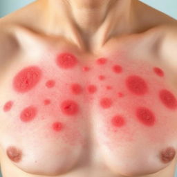 A close-up image of a human chest showing vivid red rashes spreading over the skin