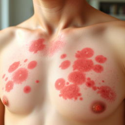 A close-up image of a human chest showing vivid red rashes spreading over the skin