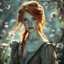 A stunningly beautiful young woman with pale skin and soft red hair that flows gently, styled in a whimsical fantasy fashion