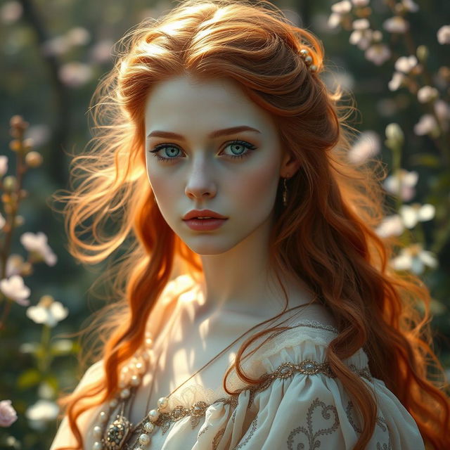 A stunningly beautiful young woman with pale skin and soft red hair that flows gently, styled in a whimsical fantasy fashion