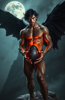 A male fallen angel stands tall on the edge of a jagged cliff, his muscular, shirtless body adorned with glowing tattoos that pulse with forbidden power