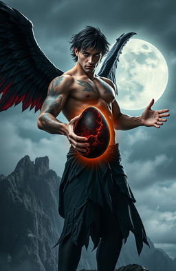 A male fallen angel stands tall on the edge of a jagged cliff, his muscular, shirtless body adorned with glowing tattoos that pulse with forbidden power