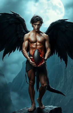 A male fallen angel stands tall on the edge of a jagged cliff, his muscular, shirtless body adorned with glowing tattoos that pulse with forbidden power