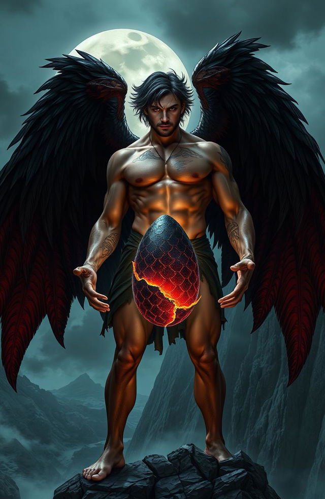 A male fallen angel stands tall on the edge of a jagged cliff, his muscular, shirtless body adorned with glowing tattoos that pulse with forbidden power