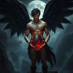 A male fallen angel stands tall on the edge of a jagged cliff, his muscular, shirtless body adorned with glowing tattoos that pulse with forbidden power