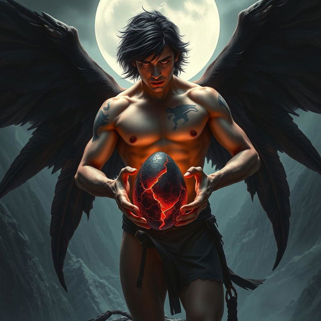 A male fallen angel stands tall on the edge of a jagged cliff, his muscular, shirtless body adorned with glowing tattoos that pulse with forbidden power